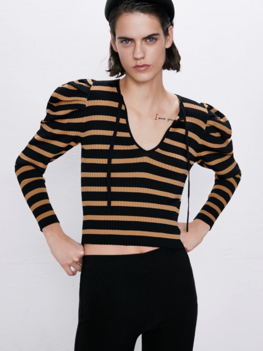 ZARA STRIPED PUFF SLEEVE SWEATER